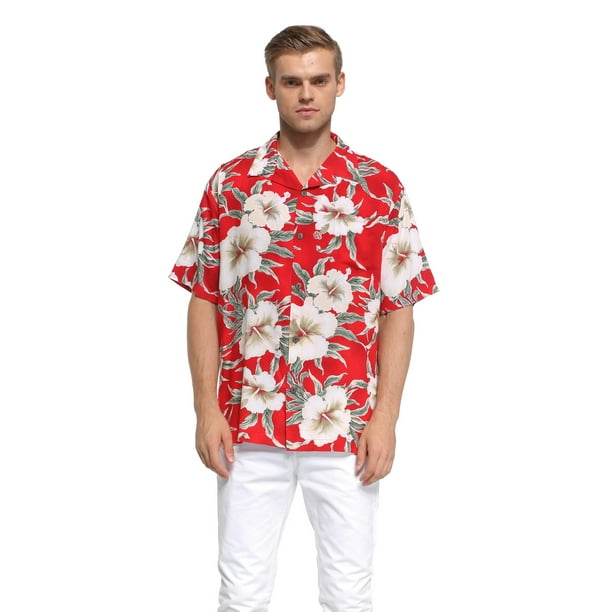 Made in Hawaii Mens Hawaiian Shirt Aloha Shirt Palm with Cross Hibiscus in Red Made in Hawaii Mens Hawaiian Shirt Aloha Shirt Palm with Cross Hibiscus in Red